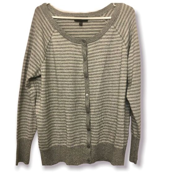 Lane Bryant knit gray metallic stripped button up cardigan sweater 18/20 - Picture 2 of 14
